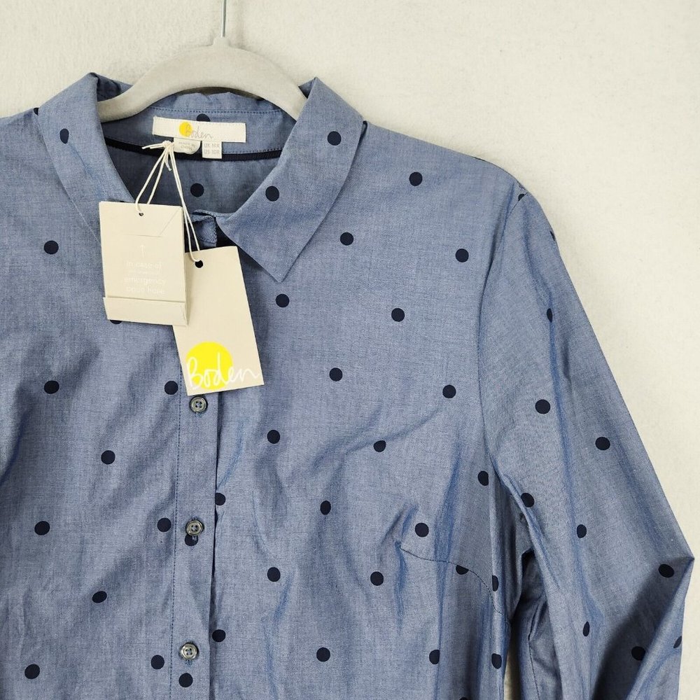 Boden Dress Womens 10 Blue Polka Tie Waist Button Front Modern Shirt Dress NEW - Picture 2 of 12